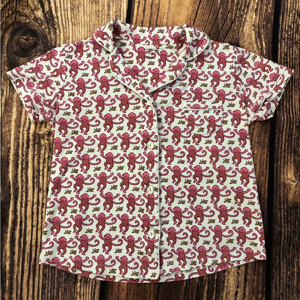 Roller Rabbit Monkey Polo Pink Collared Pajama Button Up Short Sleeve Shirt XS